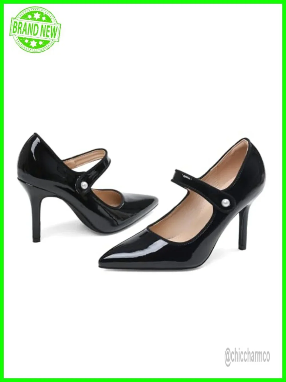 Closed Toe Pointed Pumps with Pearl Button Strap Mary Jane Heels